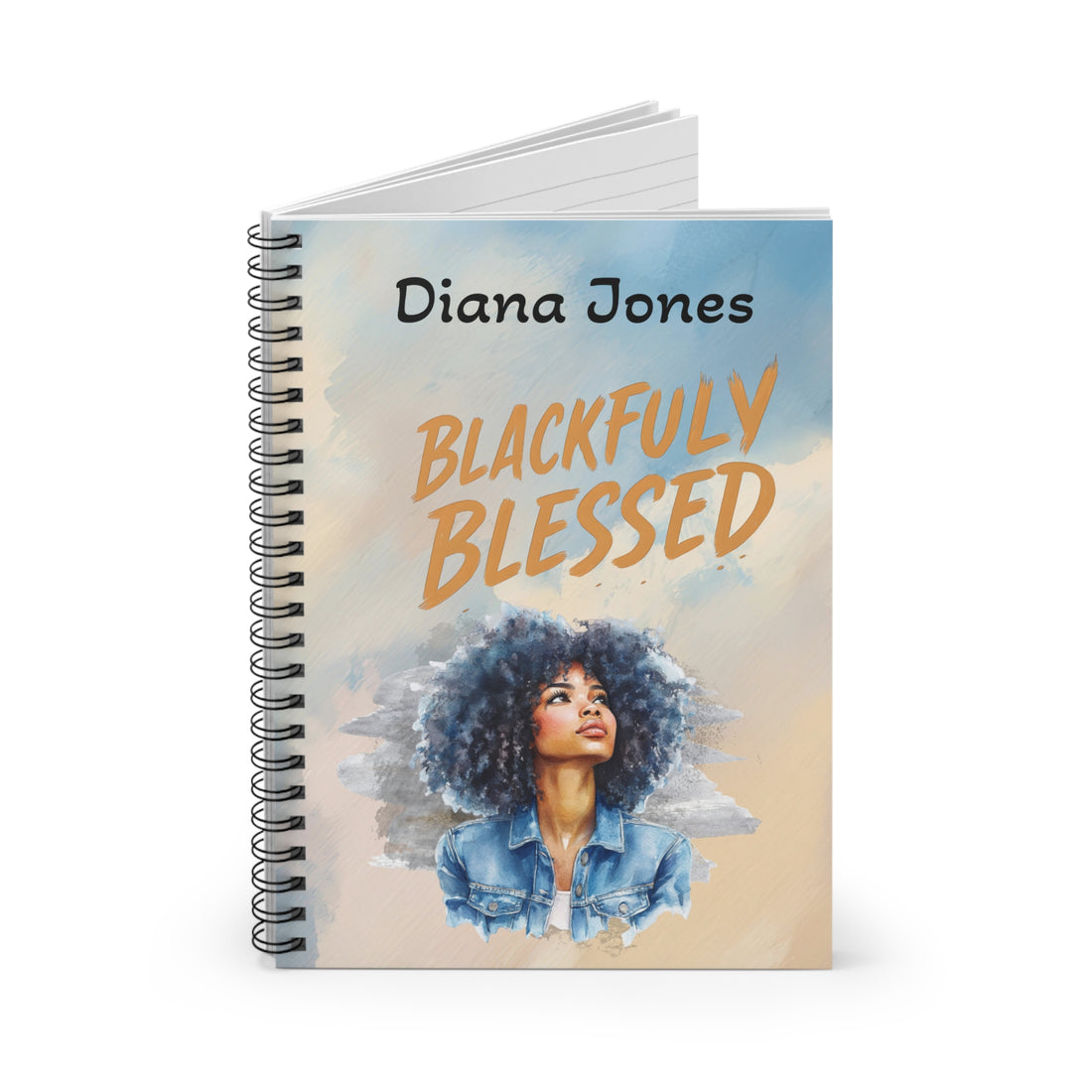 Notebook with a cover featuring a person with an afro and the text 'Blackfully Blessed' by Diana Jones.