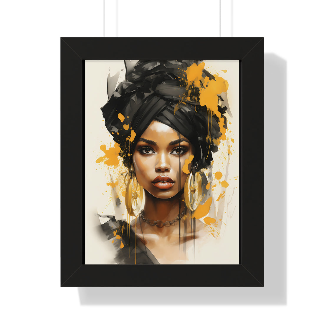 Framed artwork of a woman with a black turban and yellow accents on a white background