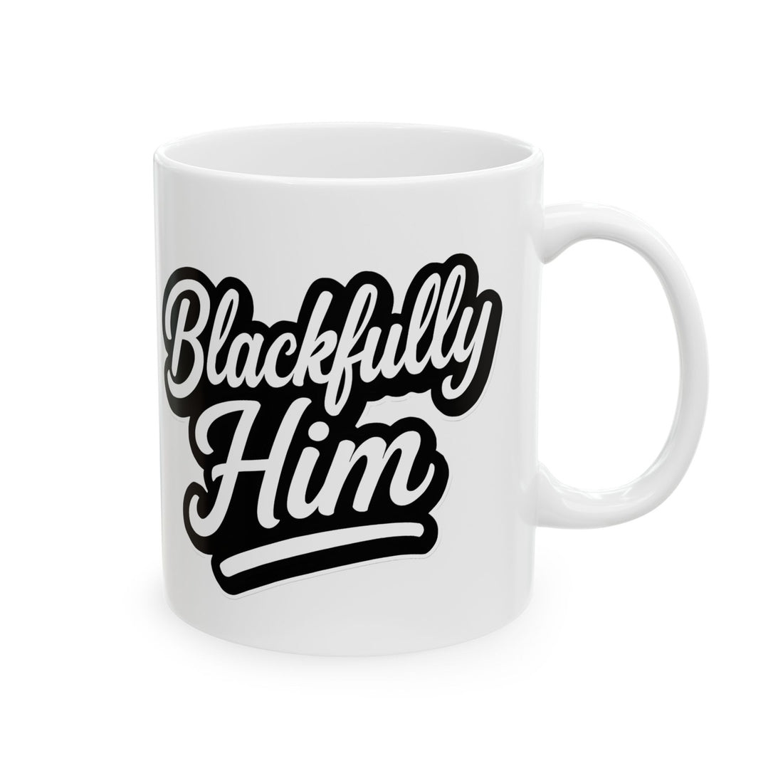 White mug with 'Blackfully Him' text on a white background