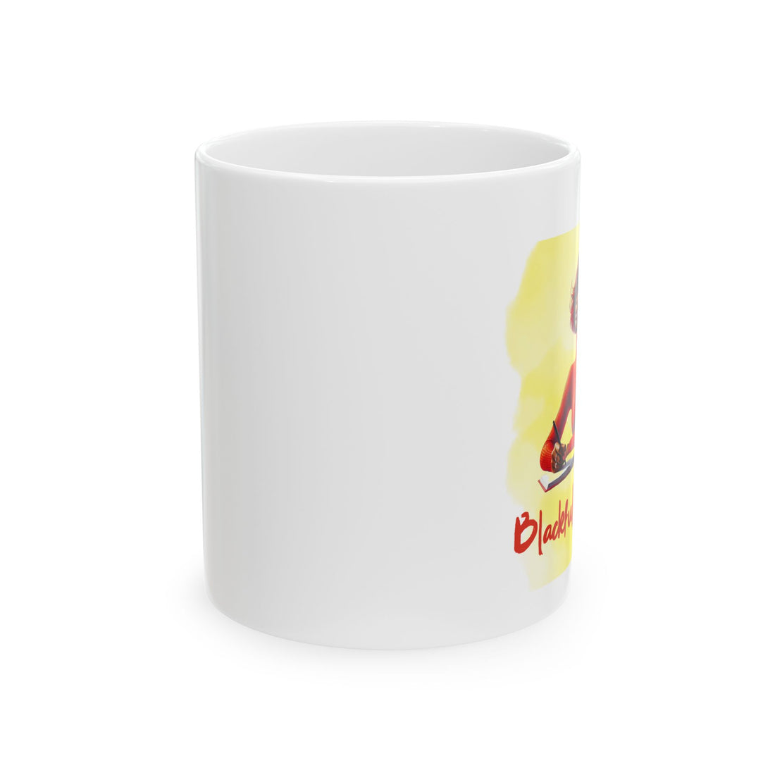 White mug with a colorful illustration of a woman and text 'Blackfully Peaceful' on a white background