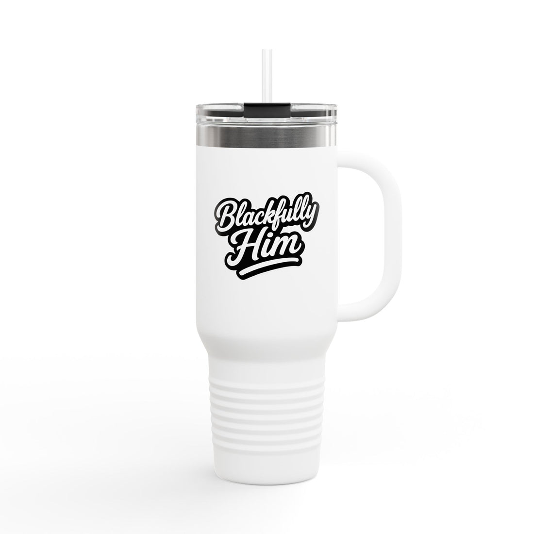 White tumbler with 'Blackfully Him' text on a white background