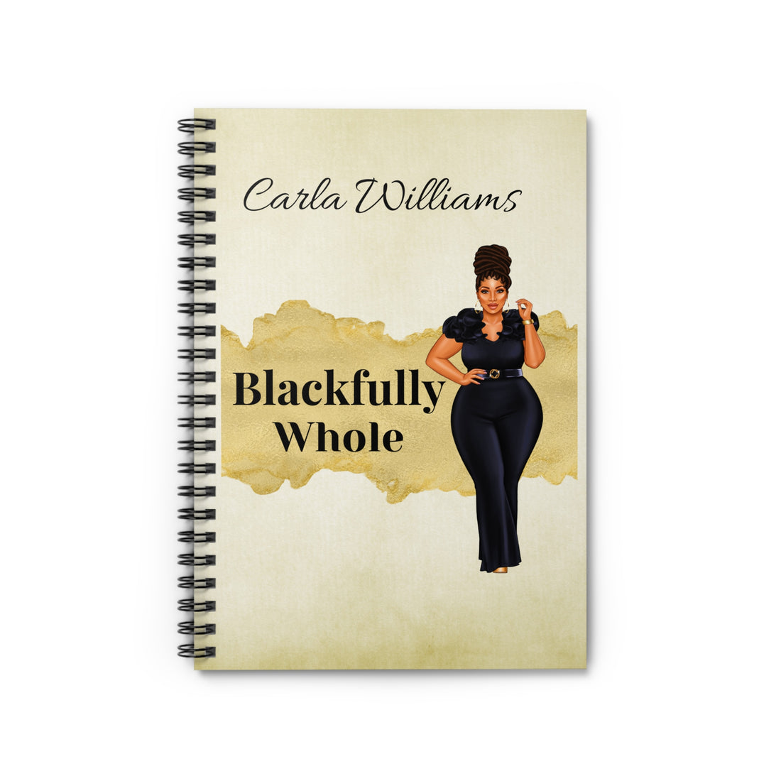 Notebook with a design of a woman and text 'Carla Williams Blackfully Whole' on a beige background