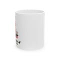 White mug with text and graphics on a white background