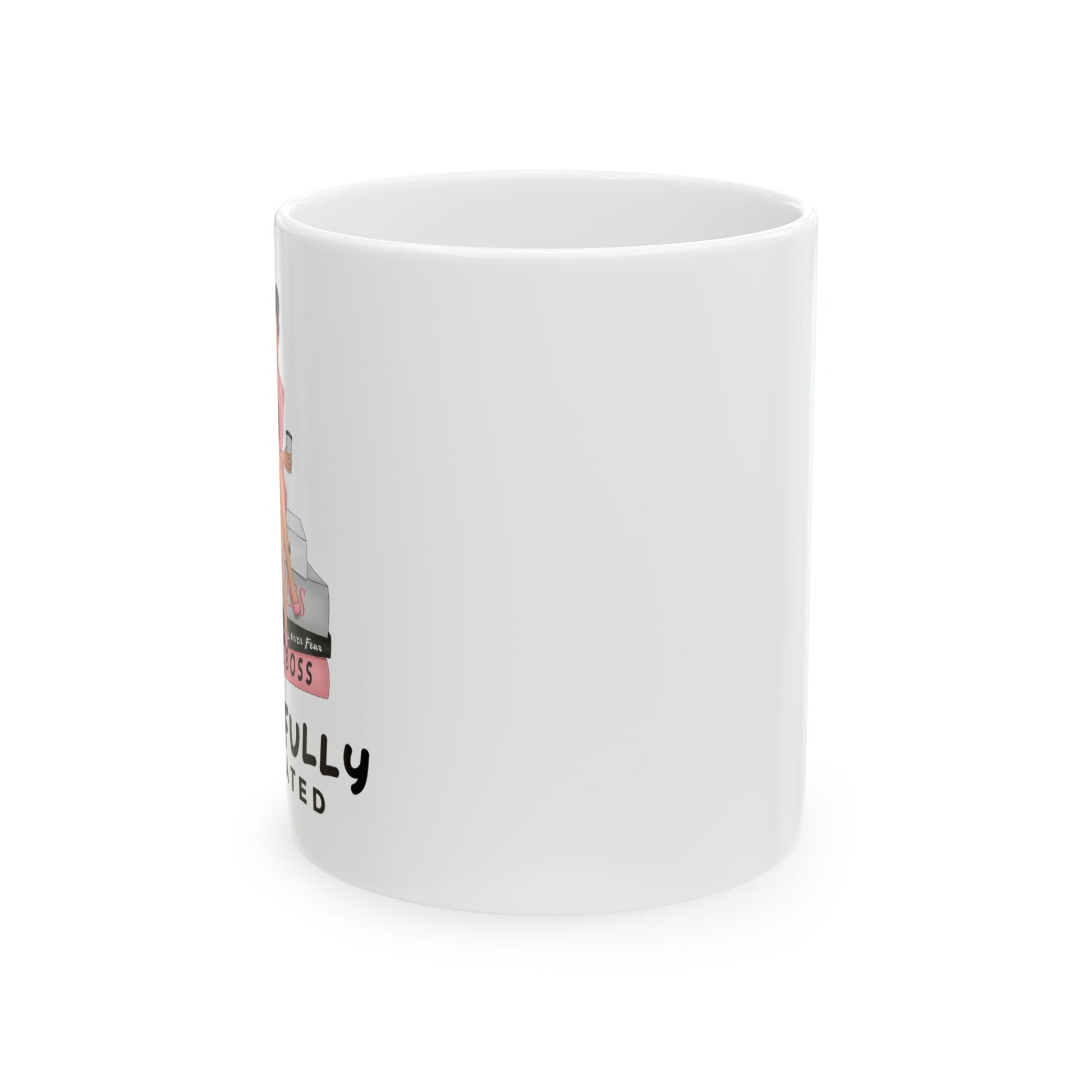 White mug with text and graphics on a white background