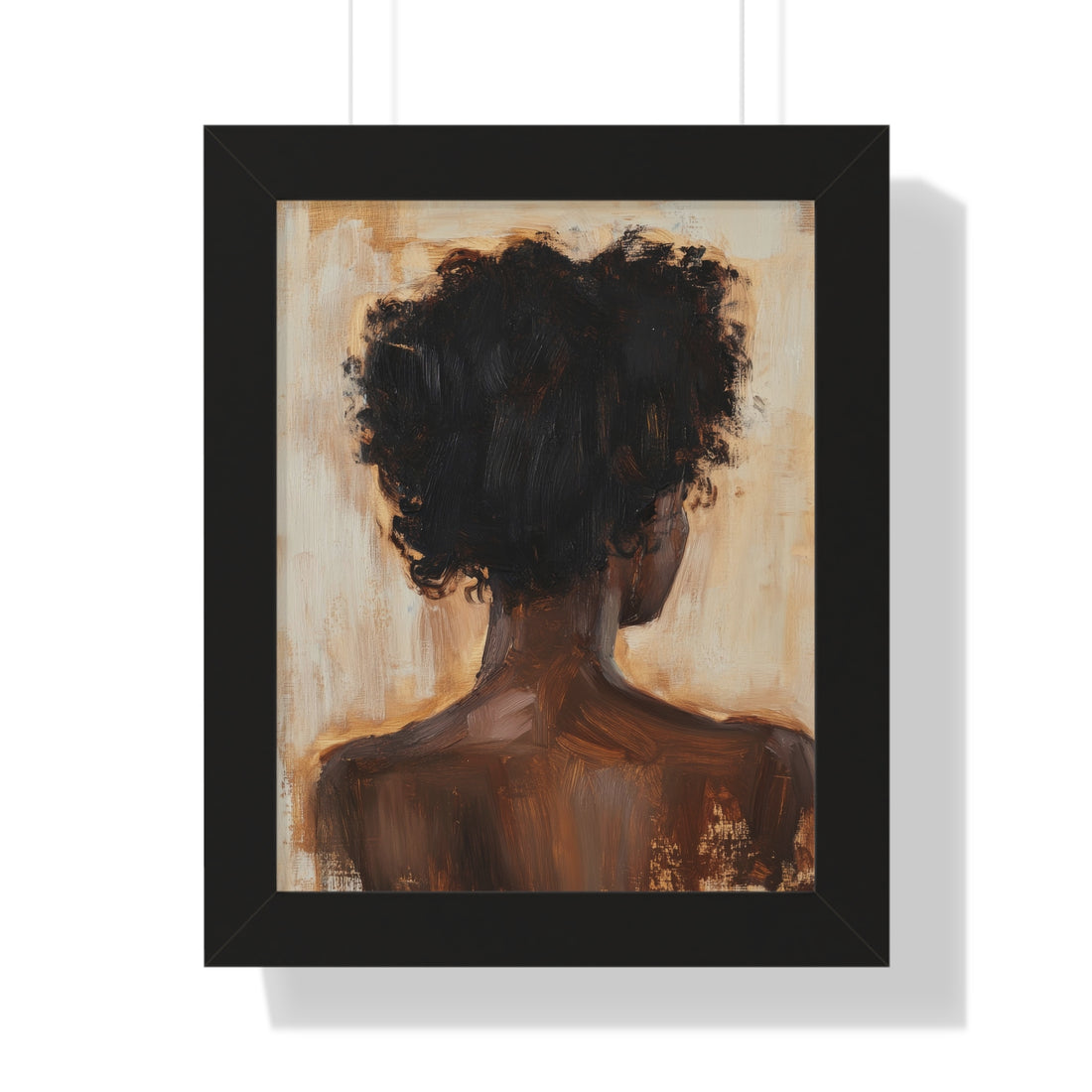 Framed artwork of a person with an afro on a beige background
