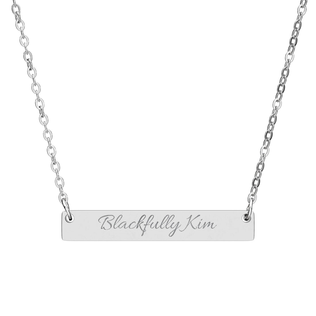 Silver necklace with a bar pendant engraved with 'Blackfully Kim' on a white background
