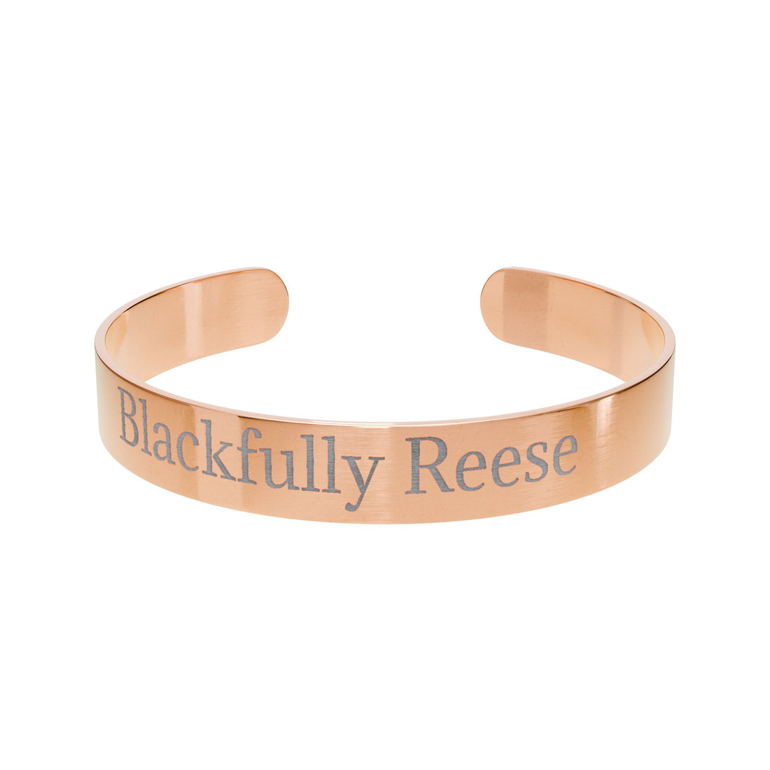 Rose gold bracelet with 'Blackfully Reese' engraving on a white background