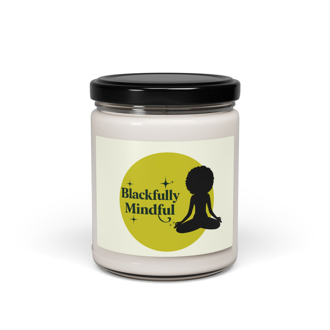 Candle jar with 'Blackfully Mindful' label on a white background