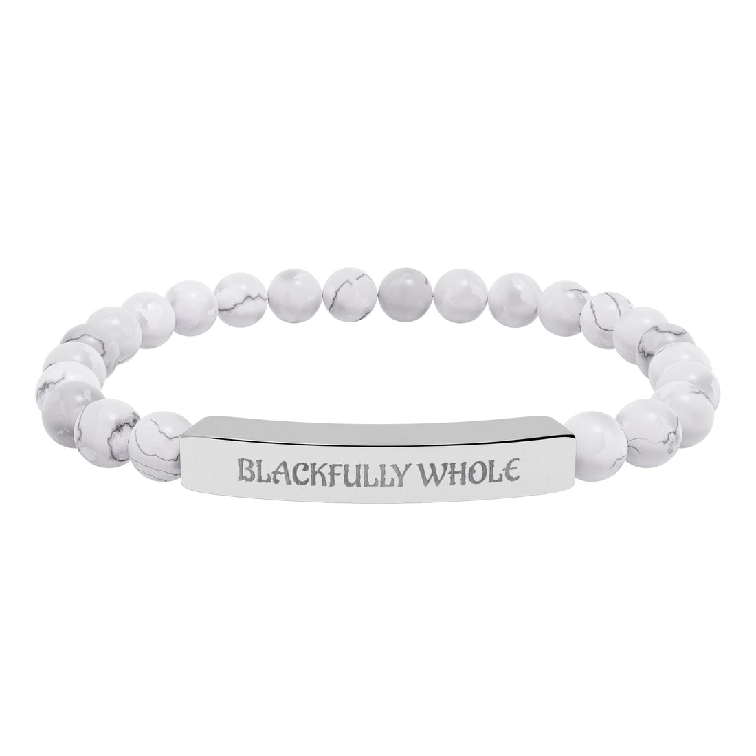 Beaded bracelet with a silver tag reading 'BLACKFULLY WHOLE' on a white background