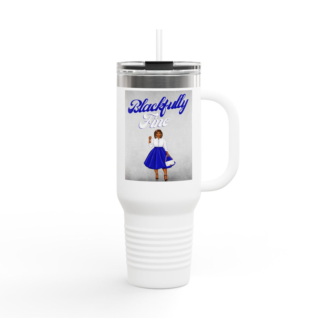 White travel mug with a design of a woman in a blue dress and text on a white background