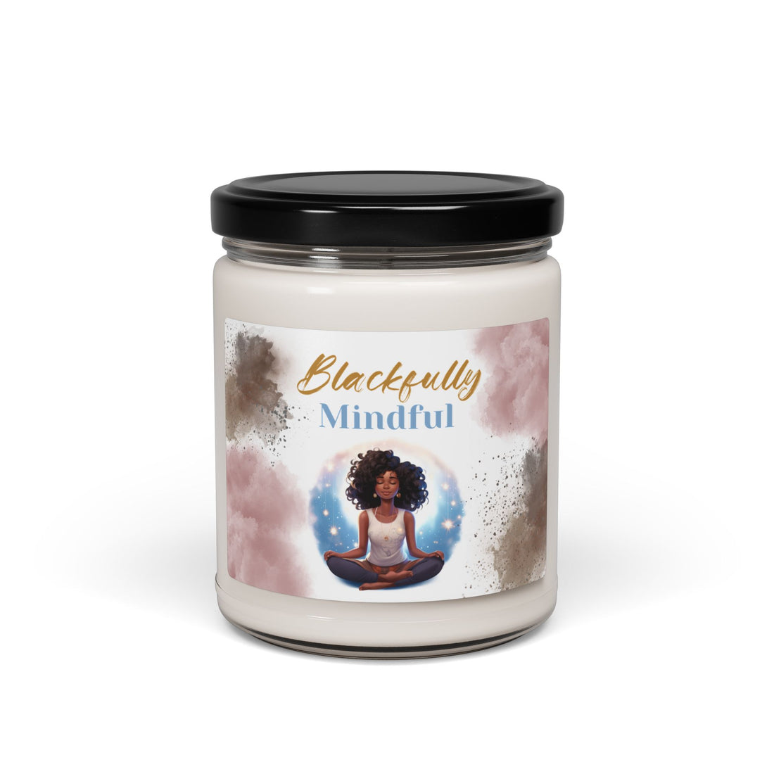 Candle in a jar labeled 'Blackfully Mindful' on a wooden coaster with fairy lights and a guitar in the background.