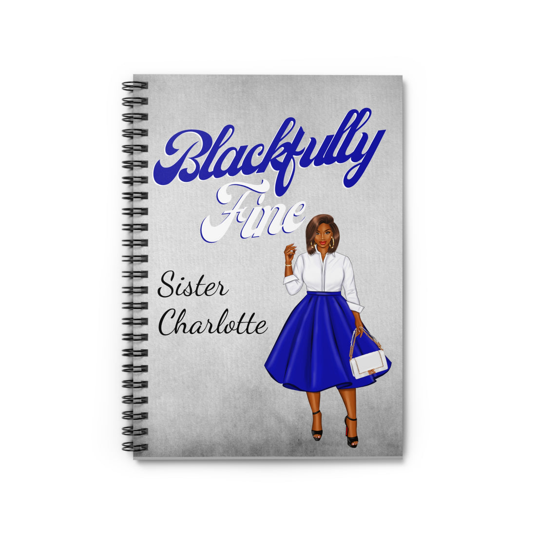 Notebook with illustration of a woman in a blue skirt and white shirt, titled 'Blackfully Fine Sister Charlotte'.