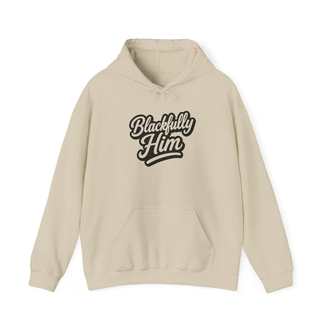 Beige hoodie with 'Blackfully Him' text on a white background