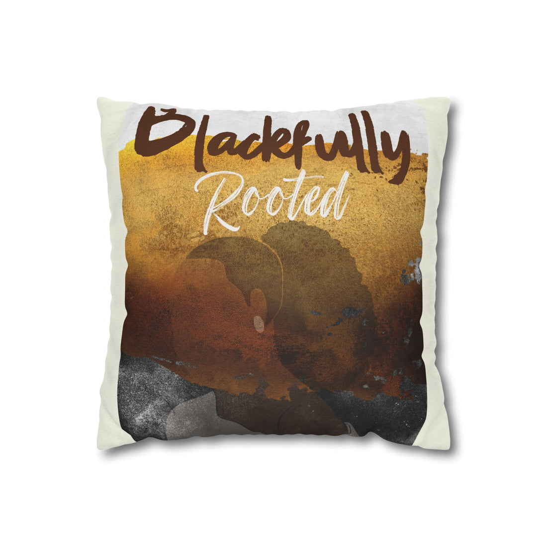 Pillow with a graphic of a person with a bald head and the text 'Blackfully Rooted' on a white background.