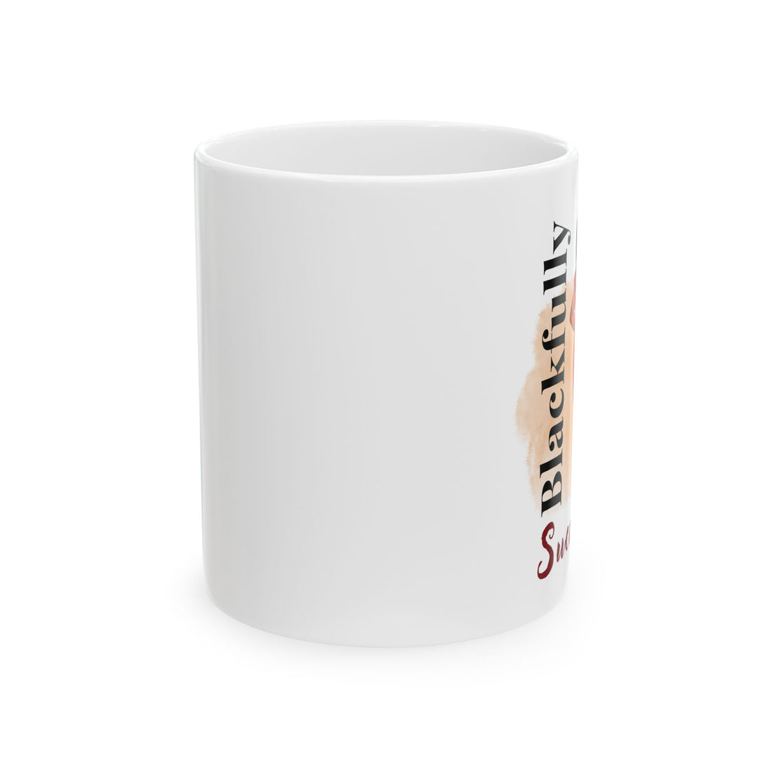 White mug with a design of a woman in red and text 'Blackfully Successful' on a white background