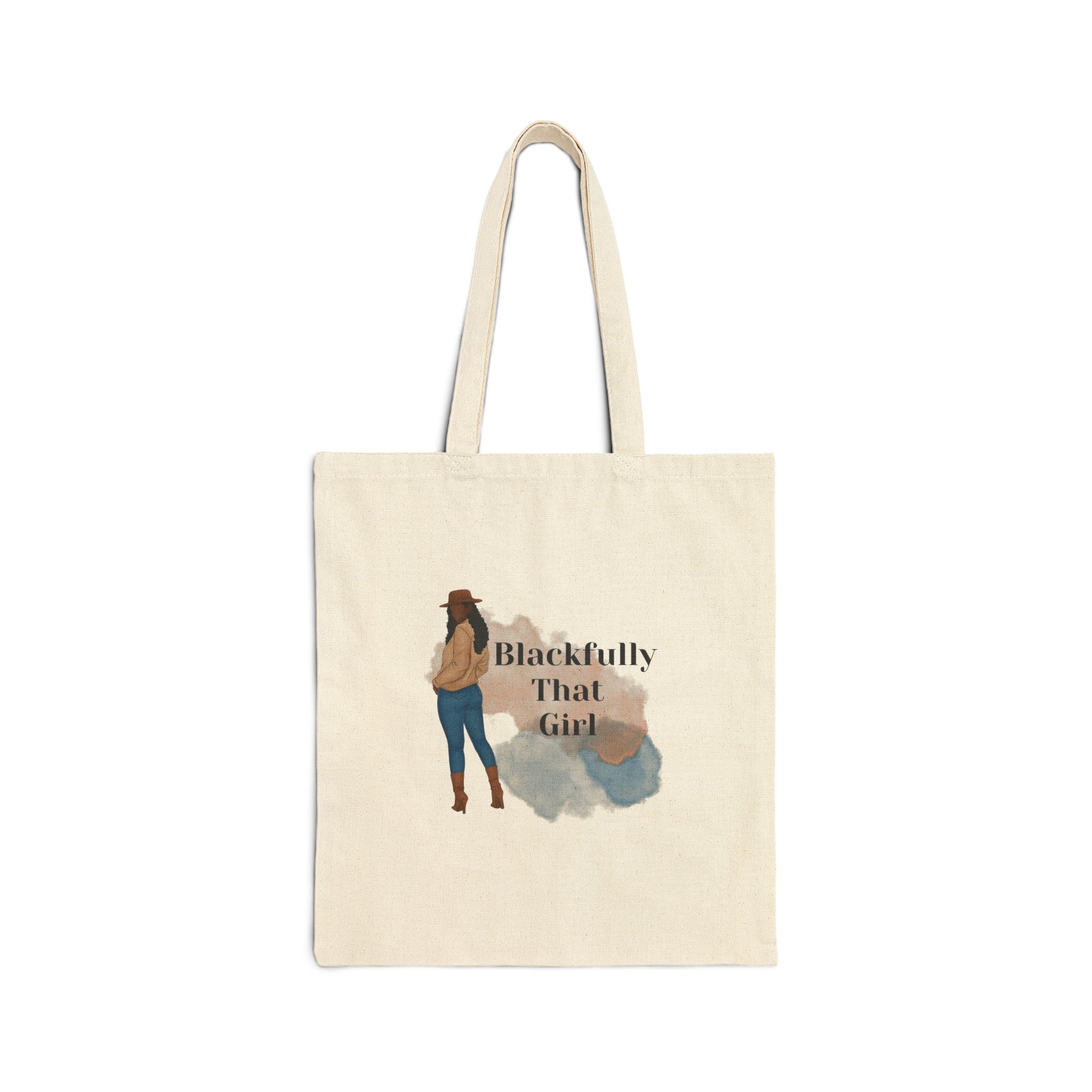 Beige tote bag with a graphic of a woman and text on a white background