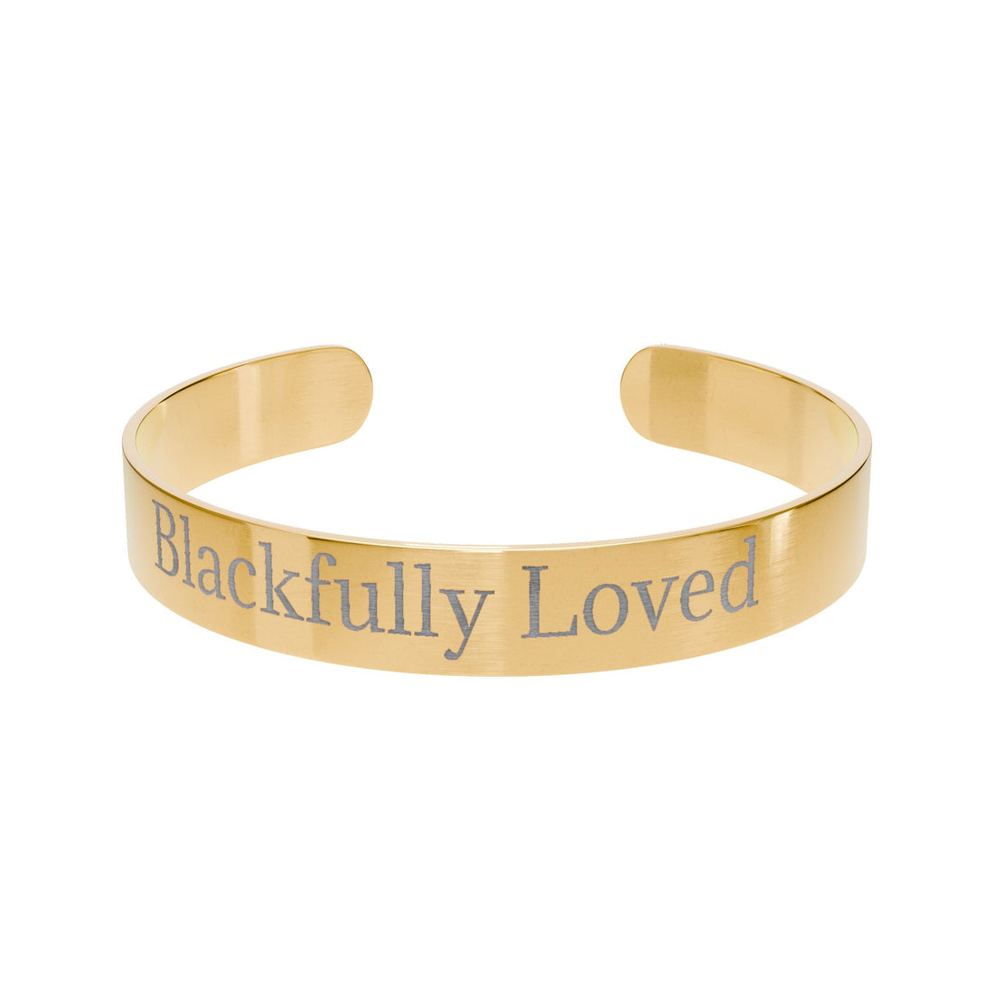 Rose gold bracelet with 'Blackfully Loved' engraving on a white background