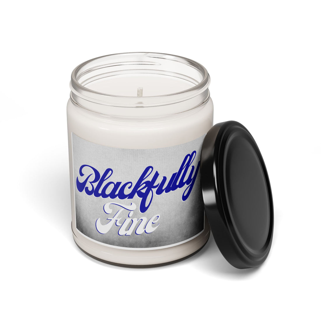 Candle jar with 'Blackfully Fine' label on a white background