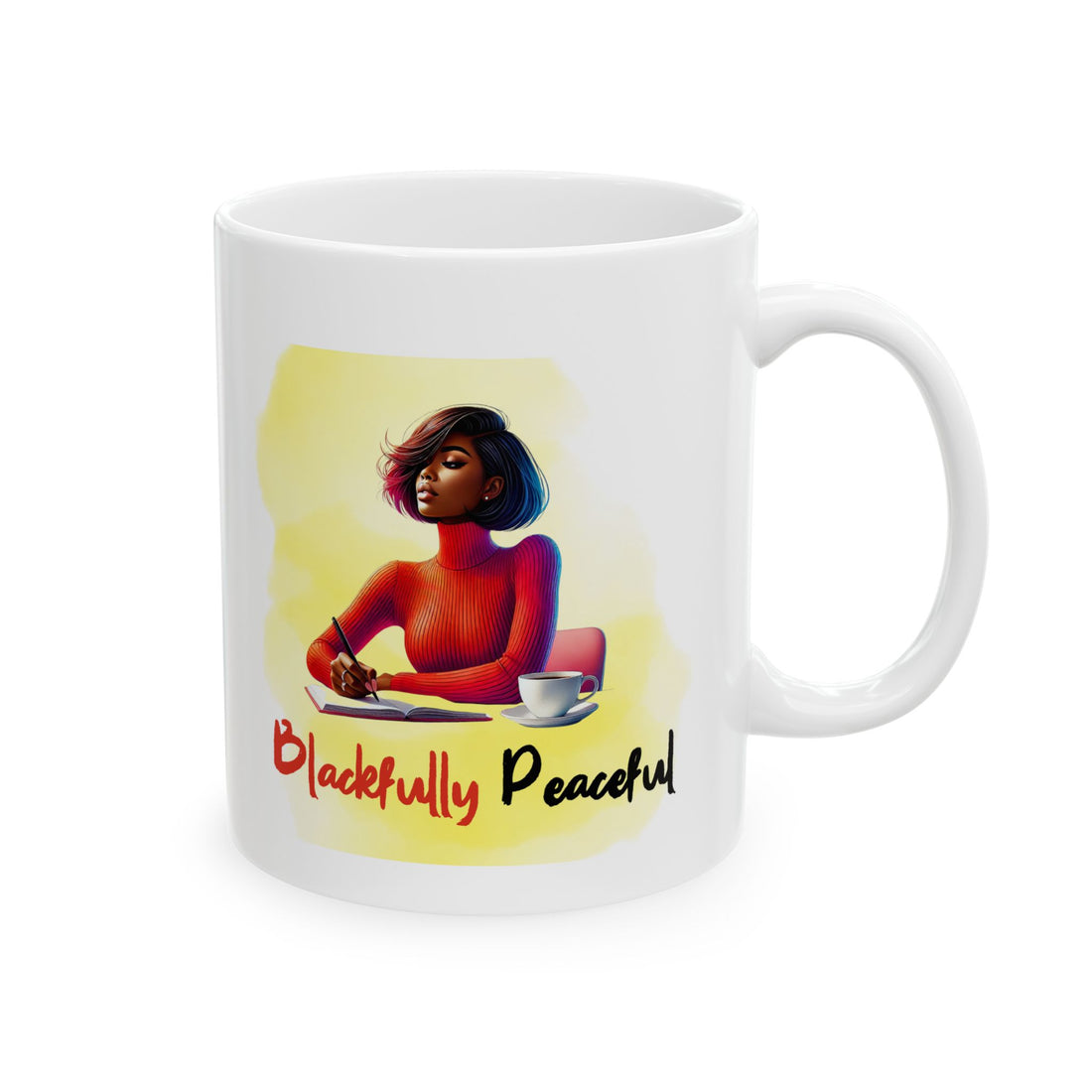 White mug with a colorful illustration of a woman and text 'Blackfully Peaceful' on a white background
