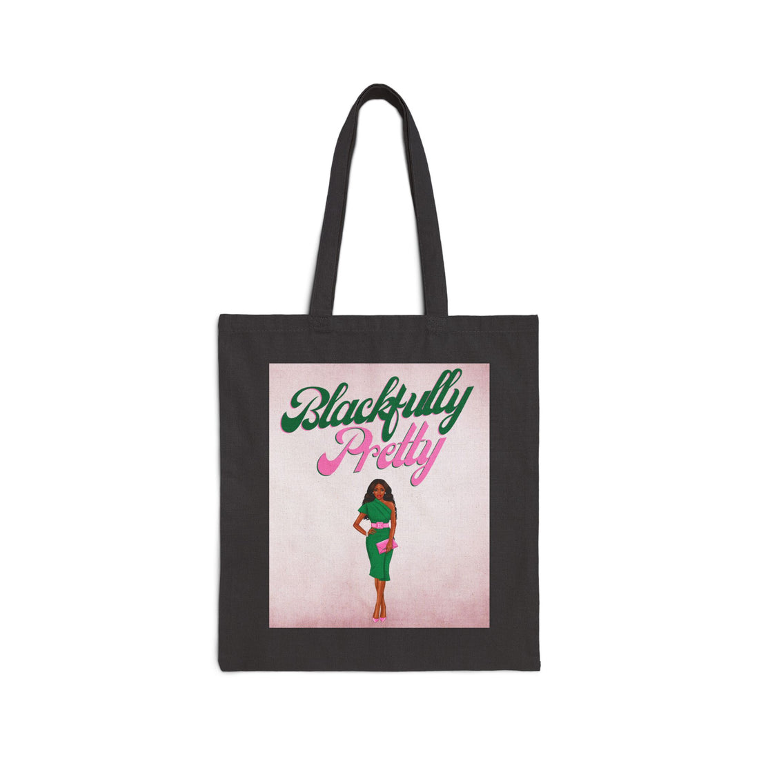 Tote bag with 'Blackfully Pretty' text and a woman's illustration on a white background