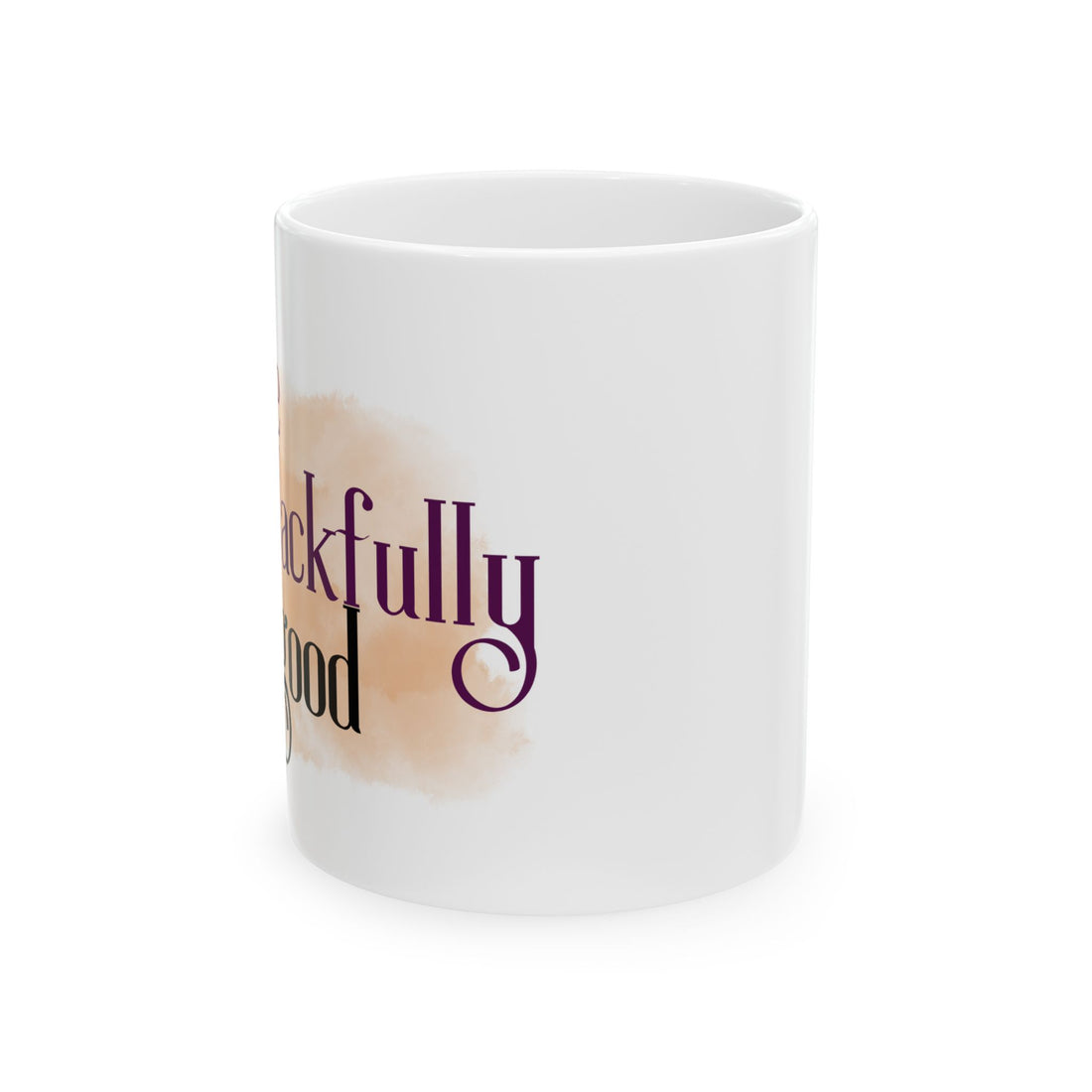 White mug with a graphic of a person wearing a purple top and white pants, and the text 'be blackful good' on a beige background.