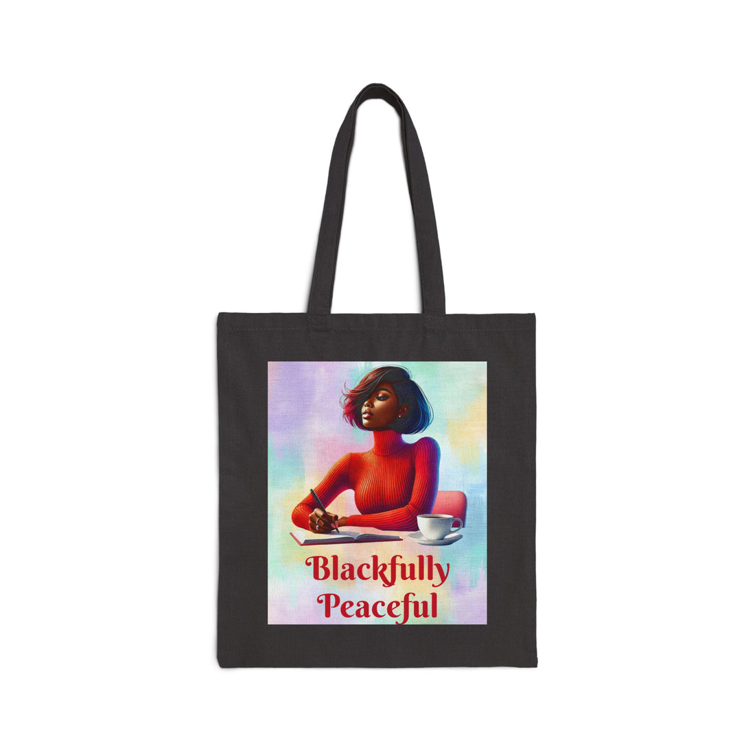Tote bag with a colorful design of a woman and 'Blackfully Peaceful' text on a white background