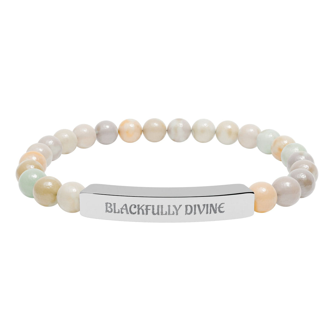 Beaded bracelet with a metal tag labeled 'BLACKFULLY DIVINE' on a white background