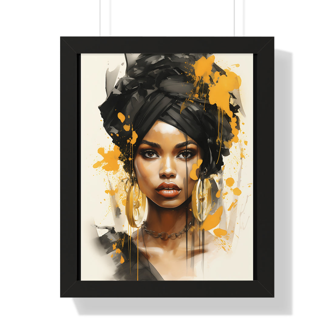 Framed artwork of a woman with a black turban and yellow accents on a white background