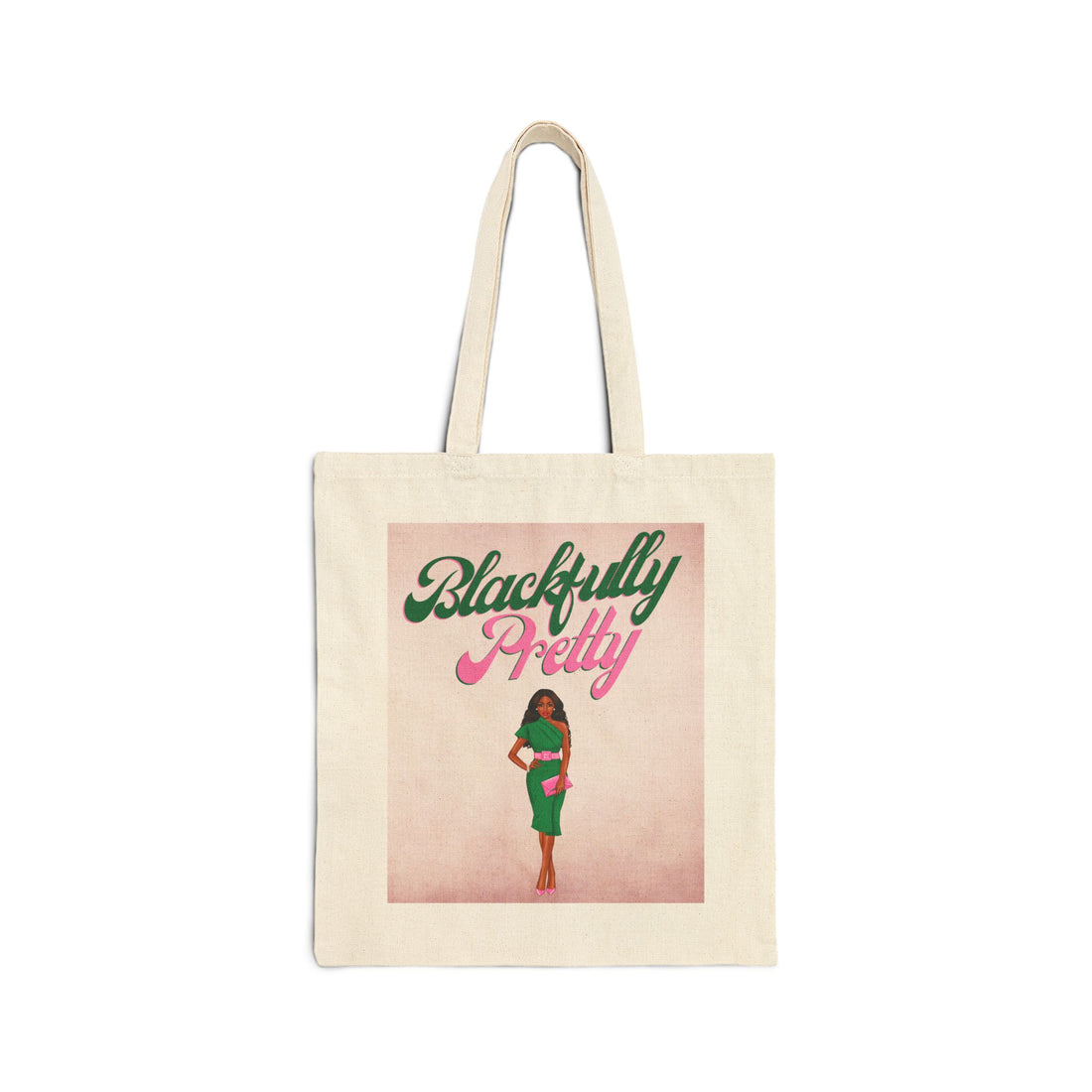 Tote bag with 'Blackfully Pretty' text and a woman's illustration on a white background