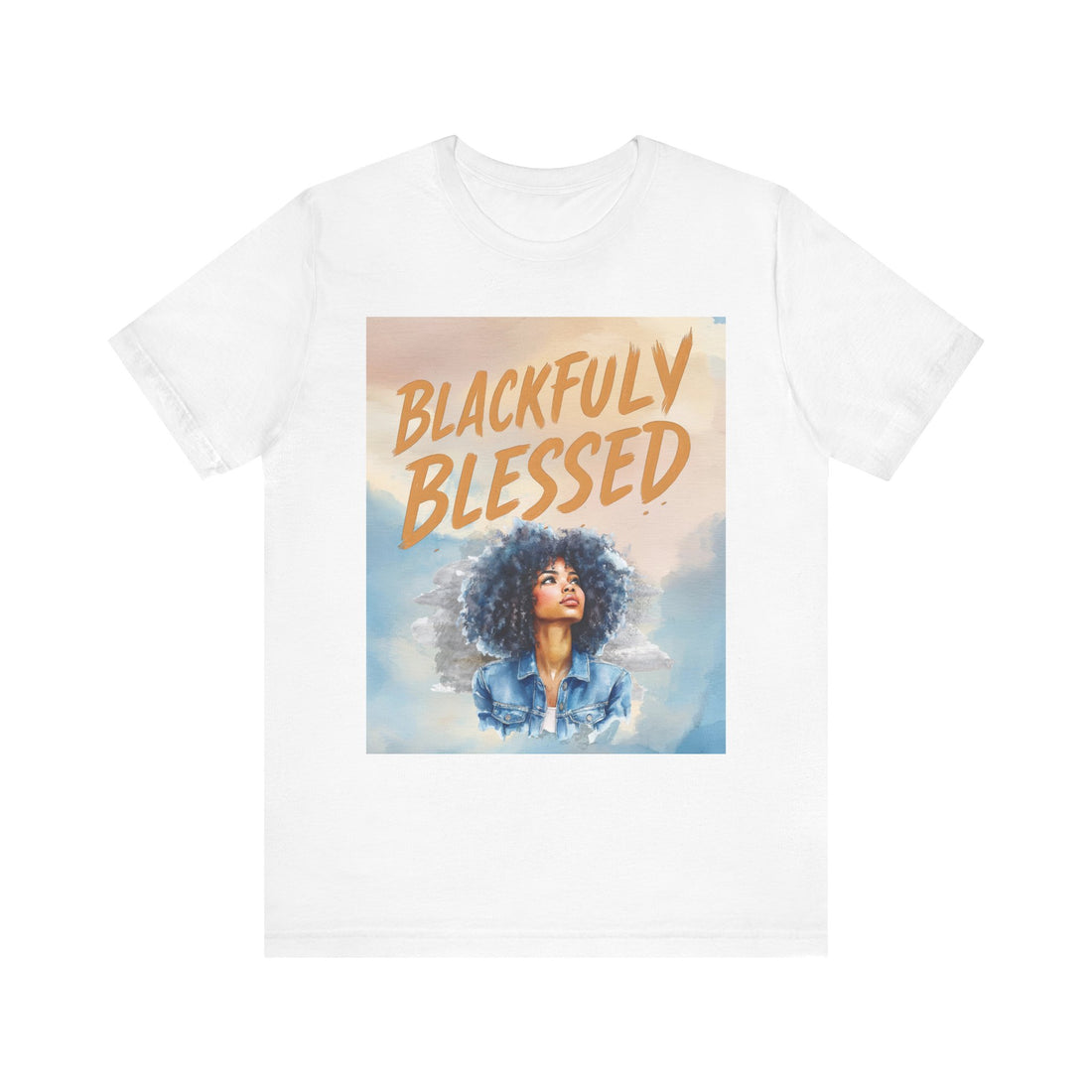 Woman wearing a white t-shirt with 'Blackfully Blessed' text and graphic, pointing at the shirt.