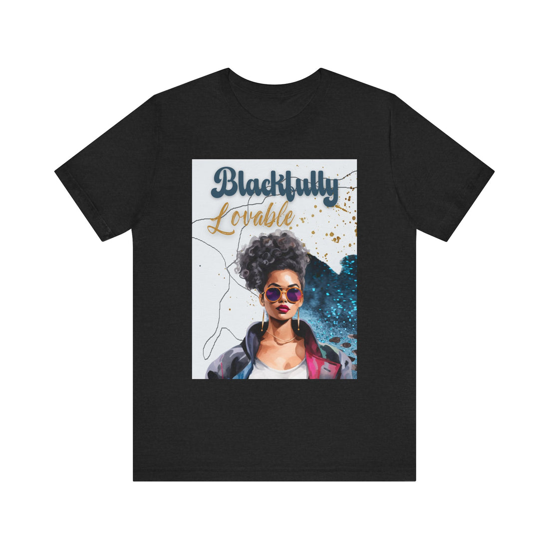 Black t-shirt with a graphic of a woman and 'Blackfully Lovable' text on a white background
