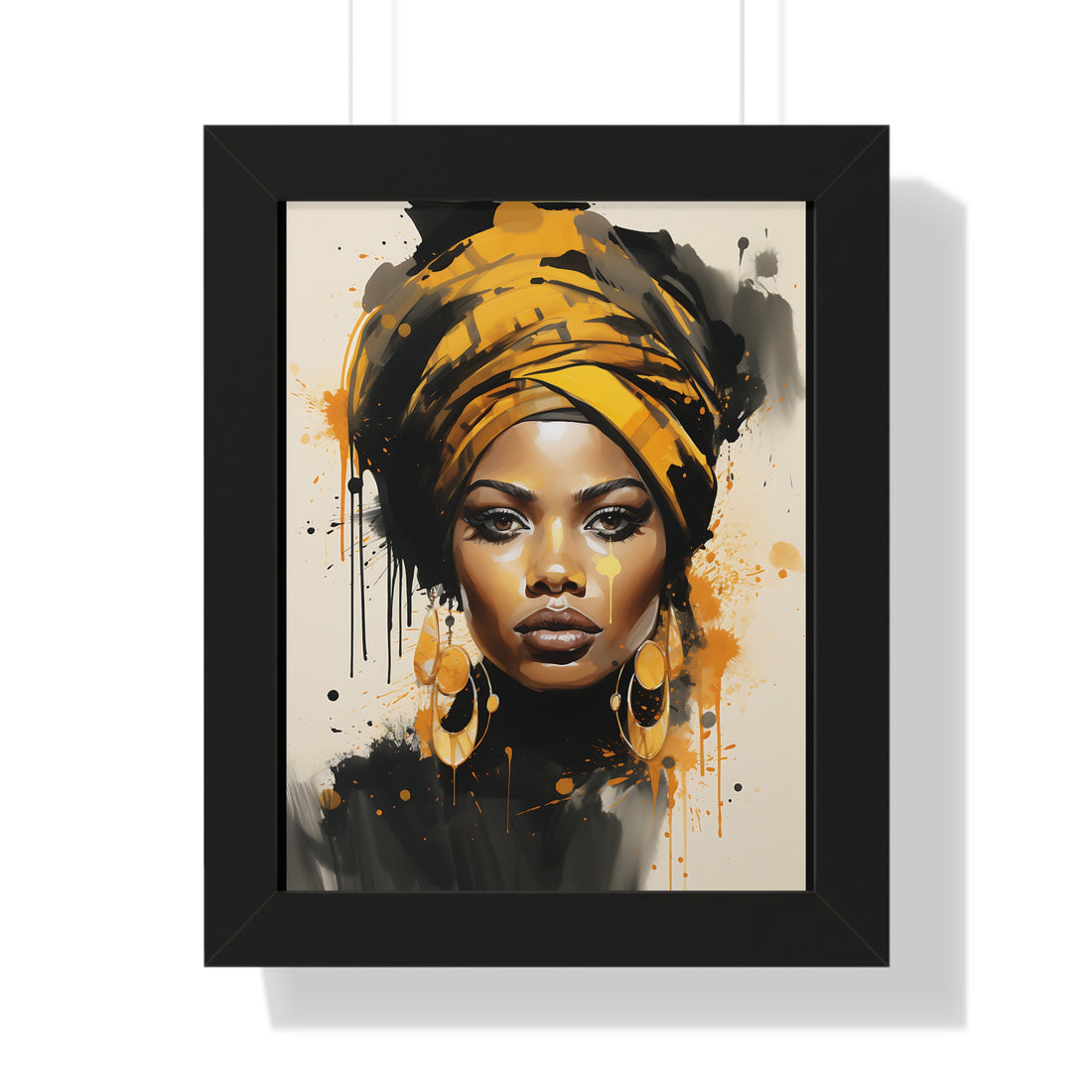 Framed artwork of a woman with a yellow headscarf on a beige background