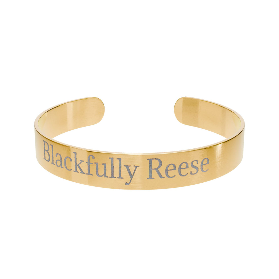 Rose gold bracelet with 'Blackfully Reese' engraving on a white background