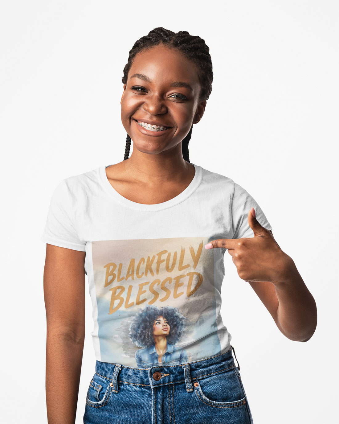 Woman wearing a white t-shirt with 'Blackfully Blessed' text and graphic, pointing at the shirt.
