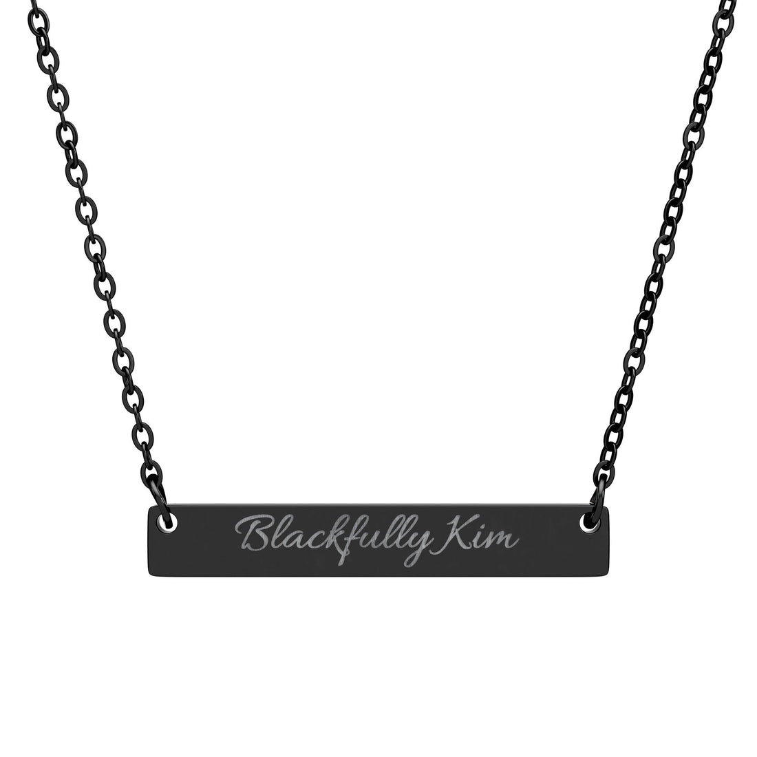 Silver necklace with a bar pendant engraved with 'Blackfully Kim' on a white background