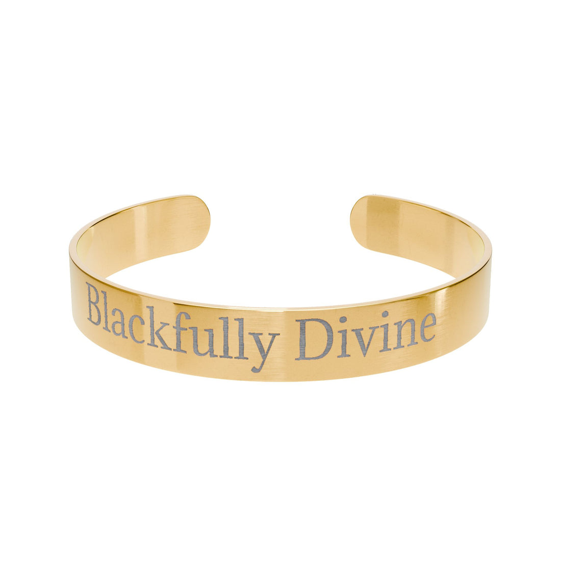 Rose gold bracelet with 'Blackfully Divine' engraving on a white background