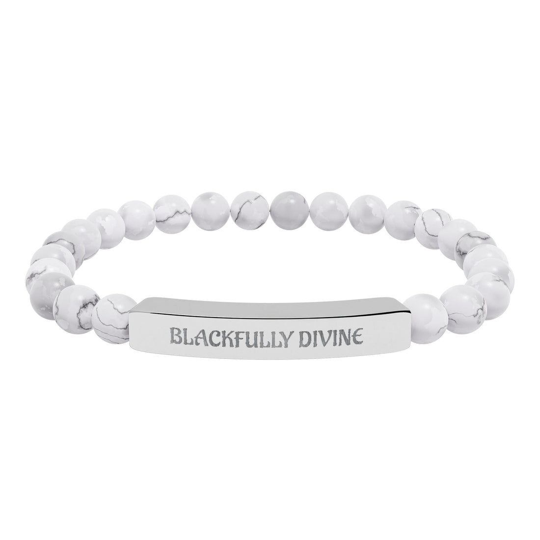 Beaded bracelet with a metal tag labeled 'BLACKFULLY DIVINE' on a white background