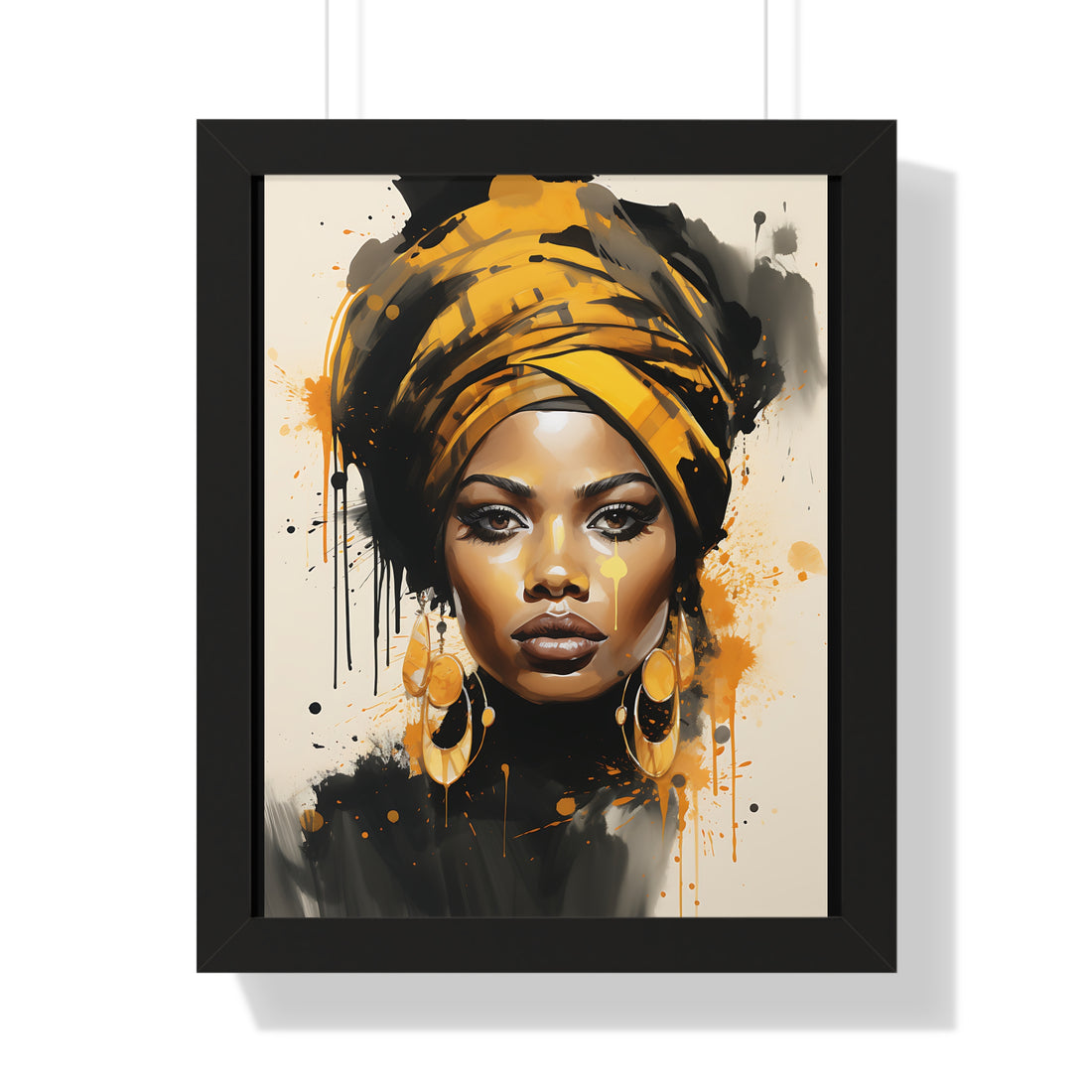 Framed artwork of a woman with a yellow headscarf on a beige background