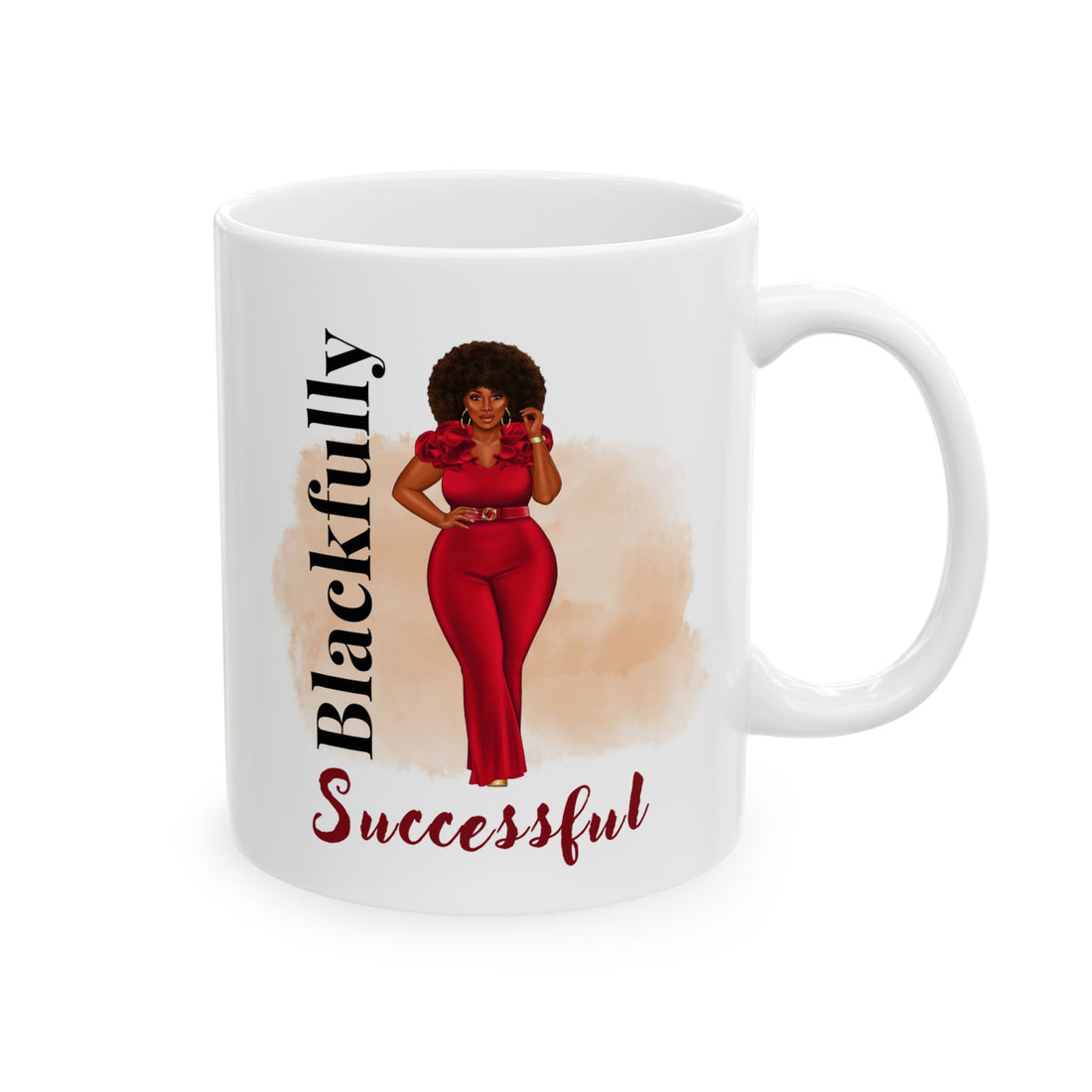 White mug with a design of a woman in red and text 'Blackfully Successful' on a white background