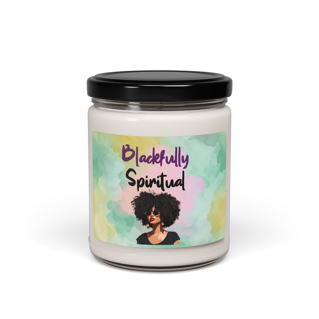Candle in a jar with a label featuring an illustration of a woman with an afro, surrounded by string lights on a wooden surface.