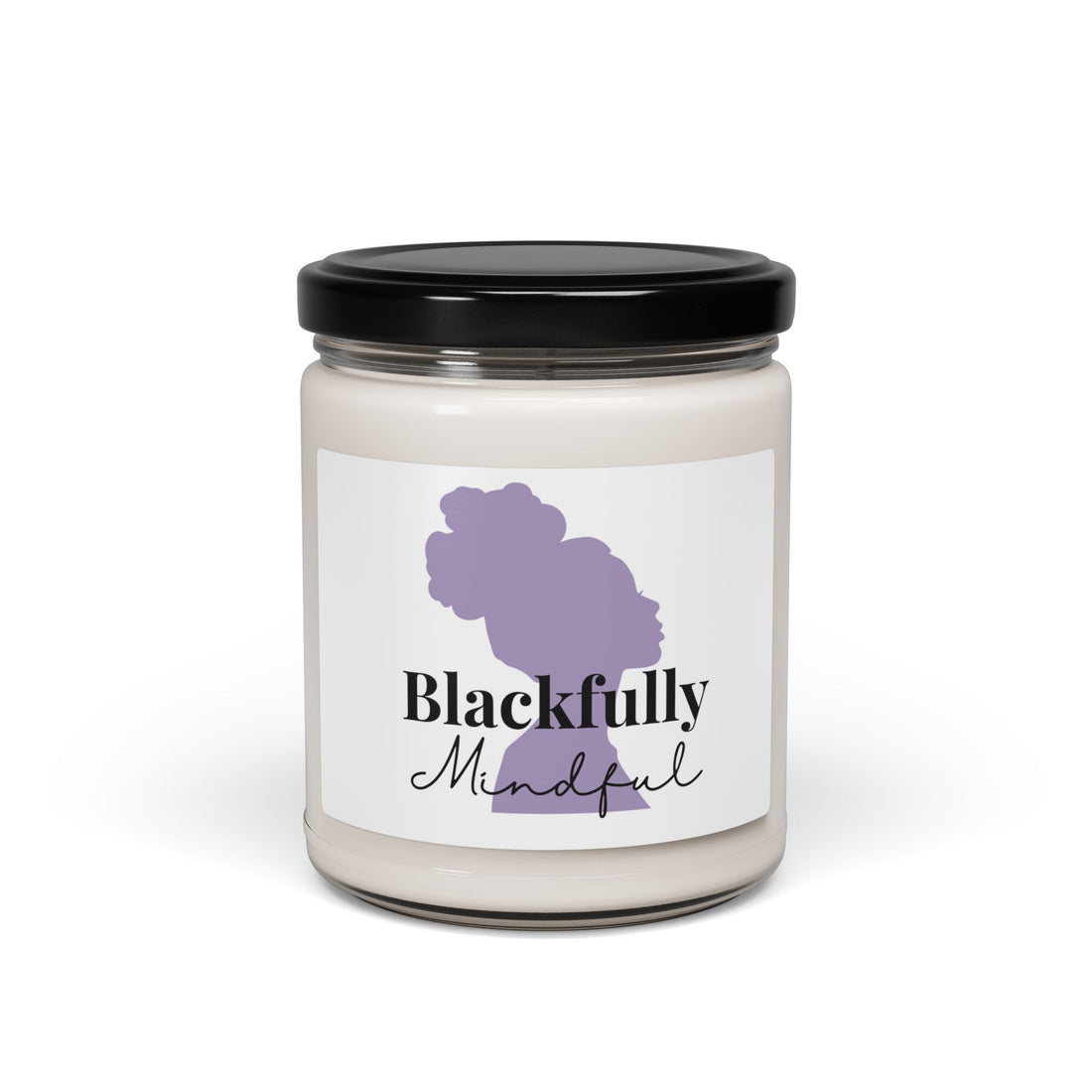 Candle jar with a label reading 'Blackfully Mindful' on a white background
