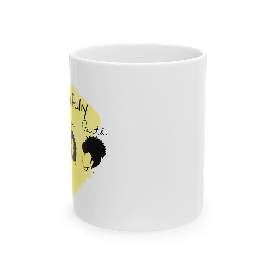 White mug with a yellow design featuring three women with natural hair and text on a white background