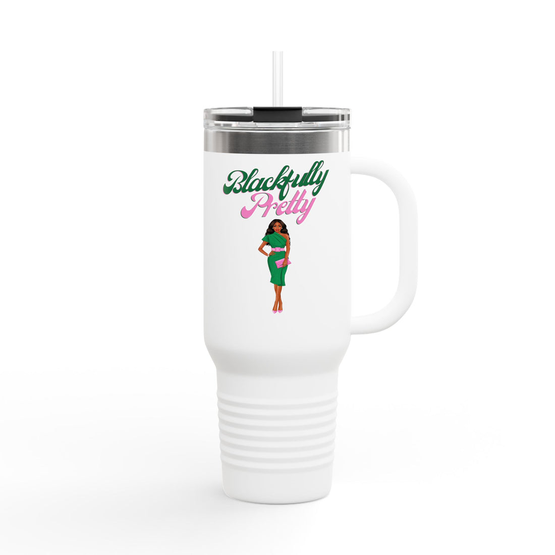 White travel mug with 'Blackfully Pretty' text and a graphic of a woman in a green dress on a white background.