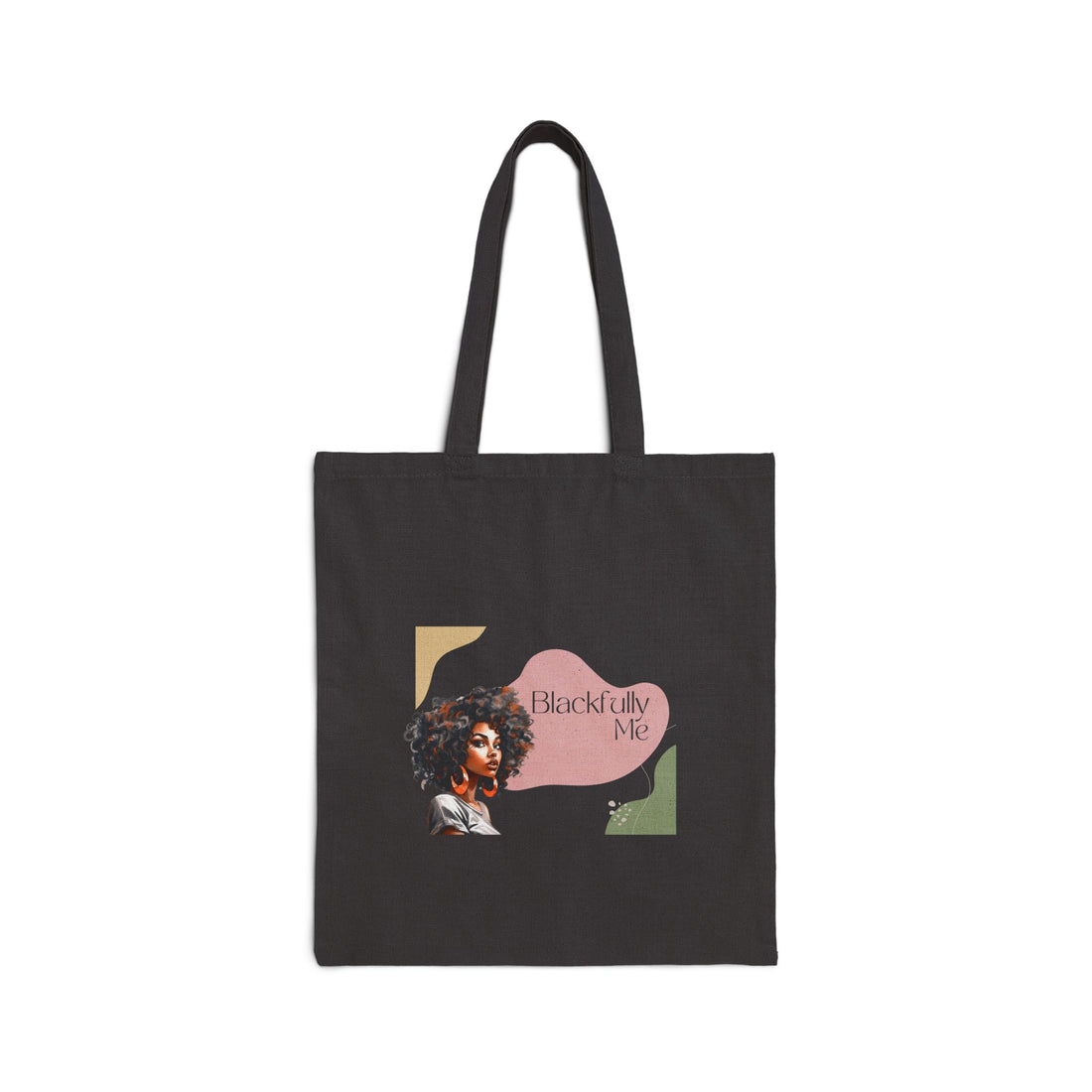 Beige tote bag with a graphic of a woman with text 'Blackfully Me' on a white background