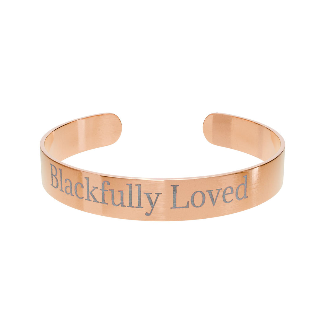 Rose gold bracelet with 'Blackfully Loved' engraving on a white background