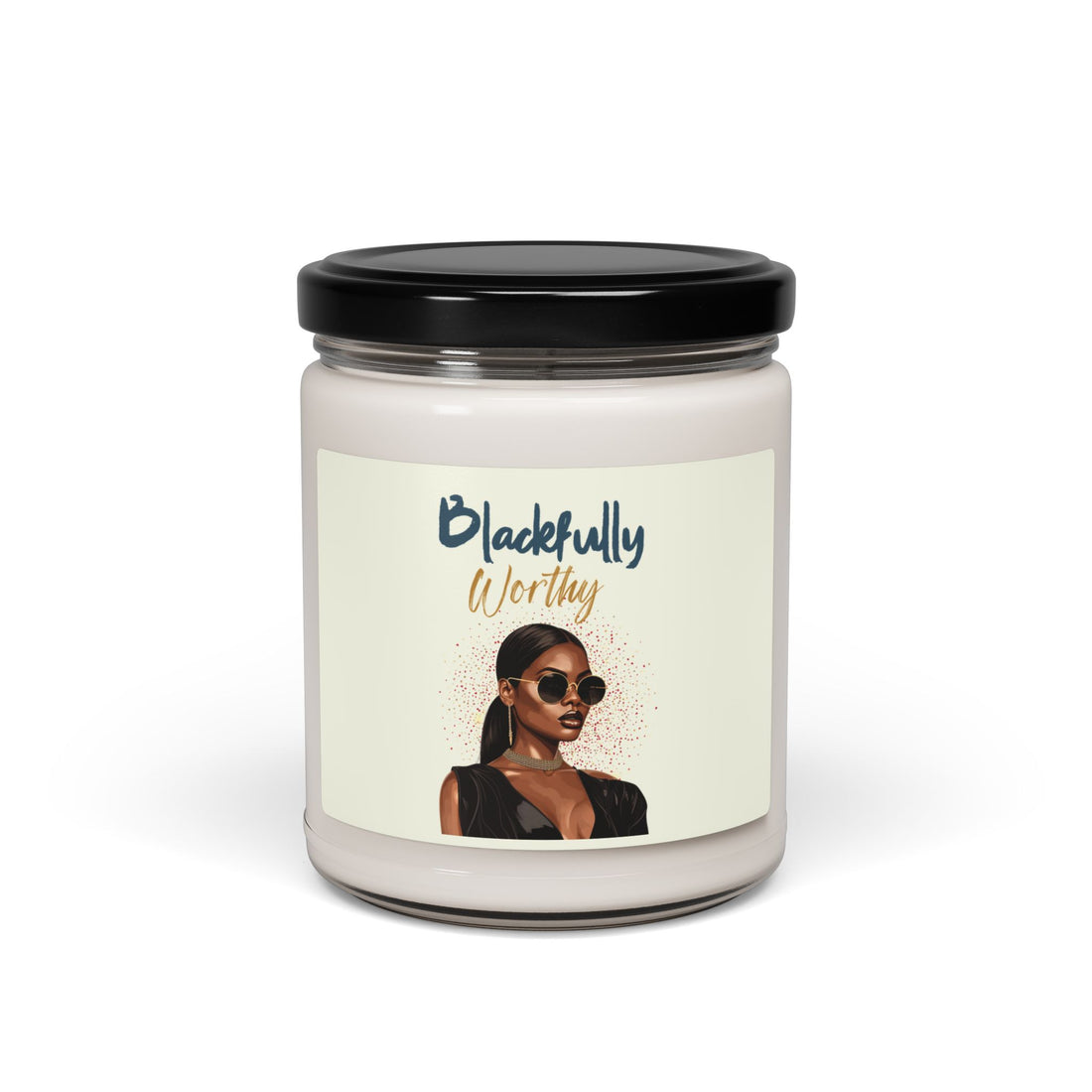 Candle jar with a label featuring a woman's face and 'Bladefully Worthy' text on a white background