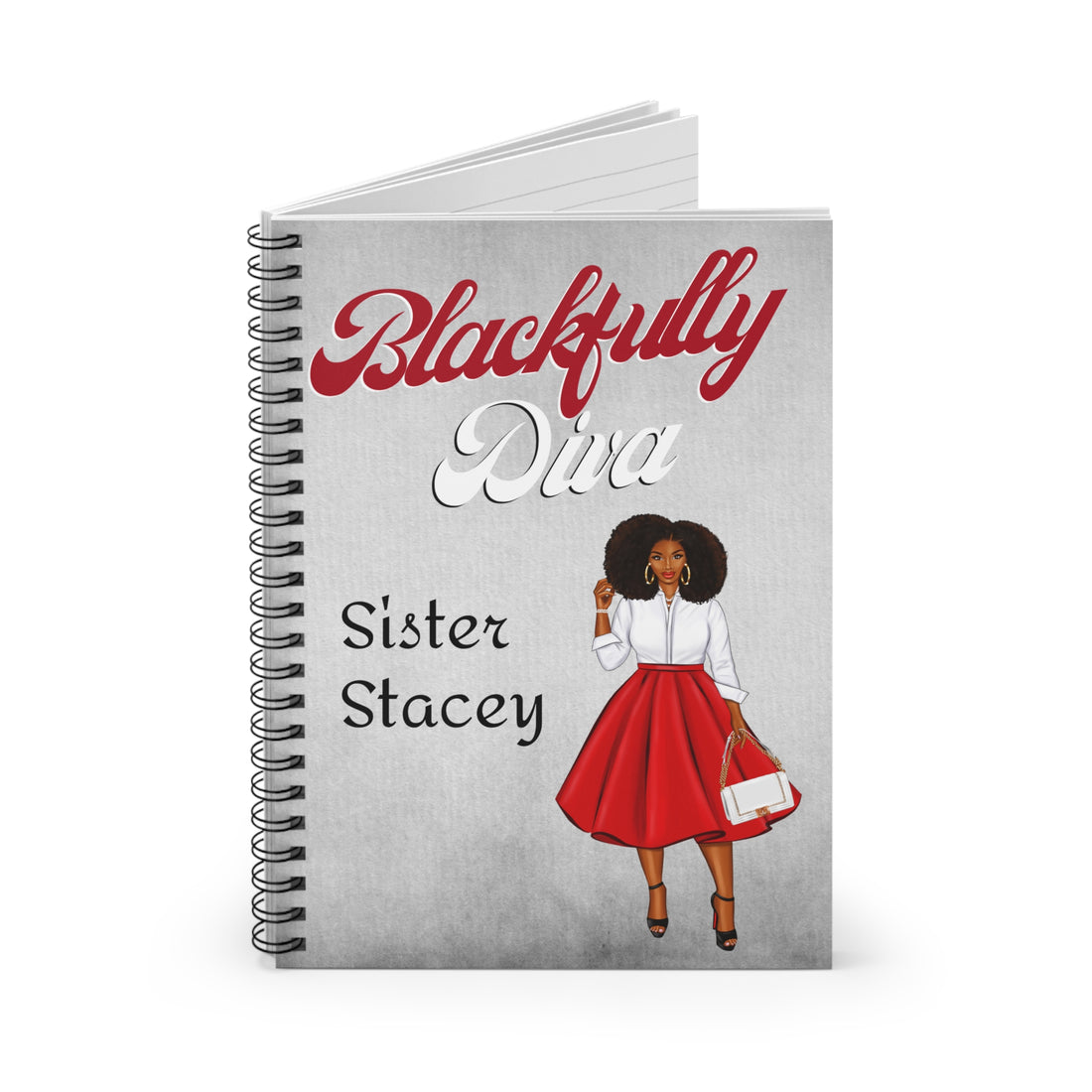 Notebook with illustration of a woman in a red skirt and white top, titled 'Blackfully Diva Sister Stacey'.