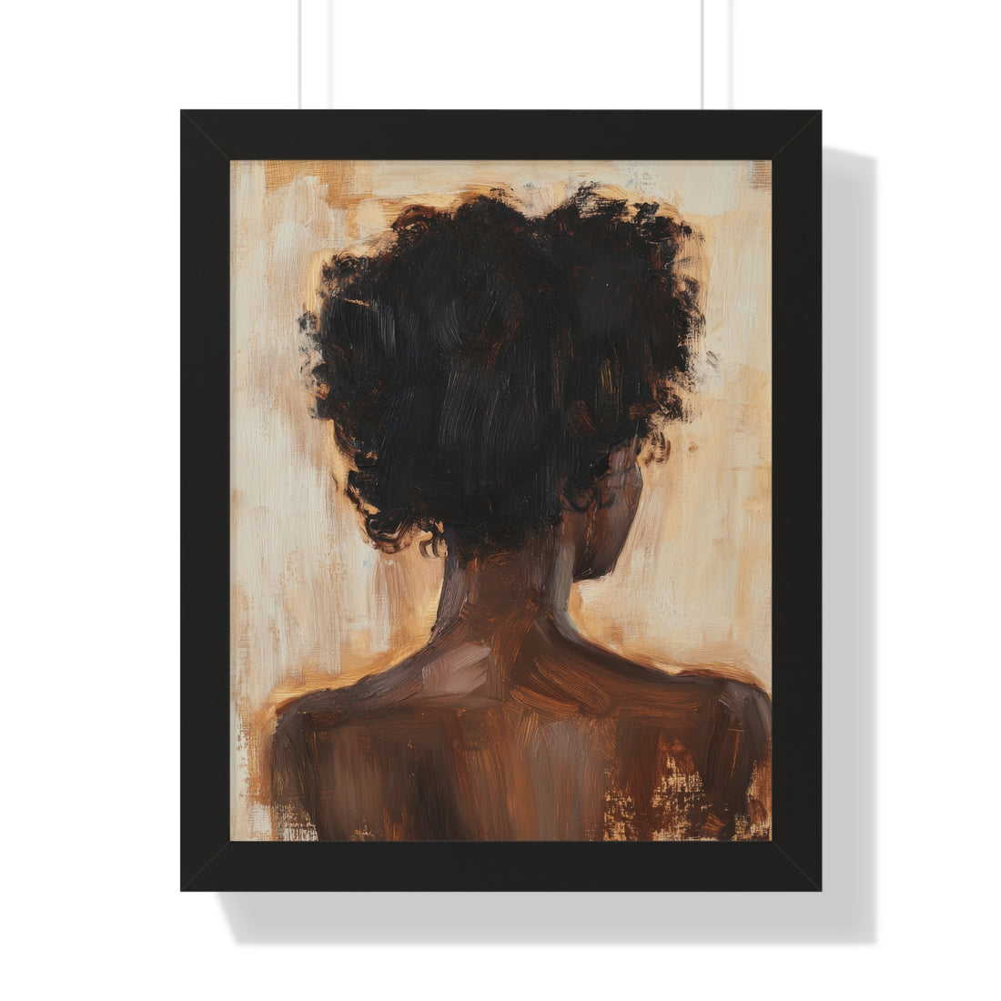 Framed artwork of a person with an afro on a beige background