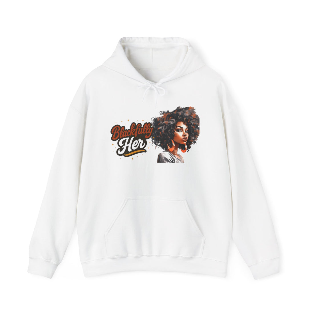 White hoodie with a graphic of a woman with an afro and text on a white background
