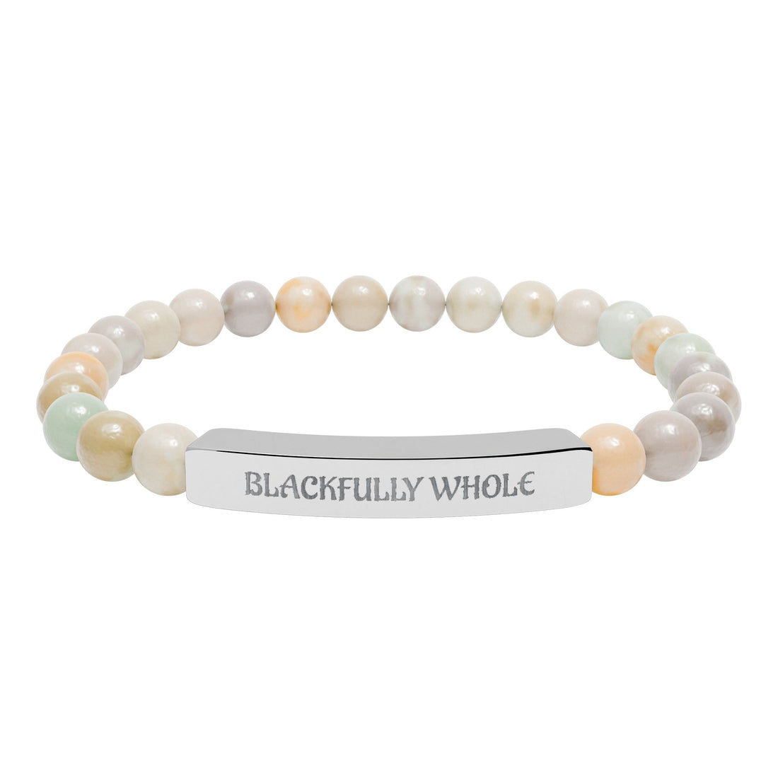 Beaded bracelet with a silver tag reading 'BLACKFULLY WHOLE' on a white background